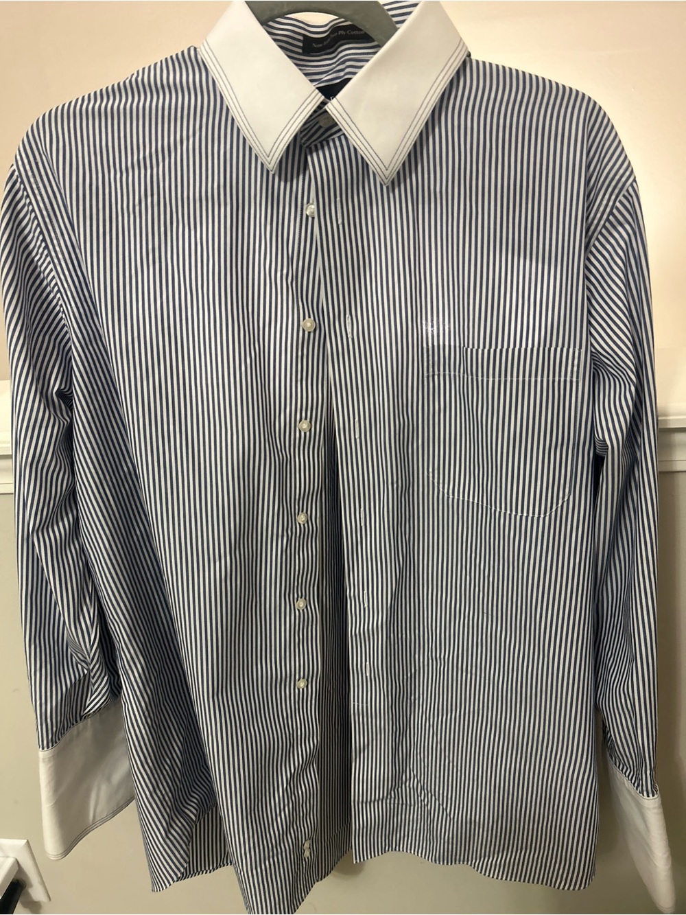 Paul Fredrick Navy Stripe Dress Shirt with White Contrast Collar